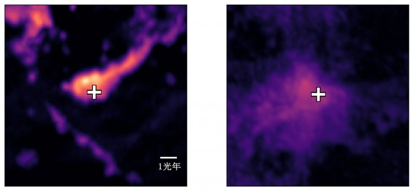 Example of a filamentary (left) and fluffy (right) molecular cloud in the Small Magellanic Cloud captured by the ALMA telescope. The radio waves emitted by carbon monoxide molecules are shown in color. Scale bar: one light-year. 