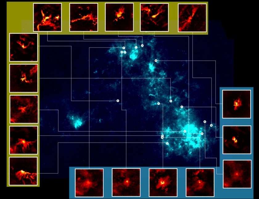 Molecular clouds in the Small Magellanic Cloud. A far infrared image of the Small Magellanic Cloud as observed by the European Space Agency's (ESA) Herschel Space Observatory. Circles indicate the positions observed by the ALMA telescope, with the corresponding enlarged image of the observed molecular cloud from radio waves emitted by carbon monoxide.