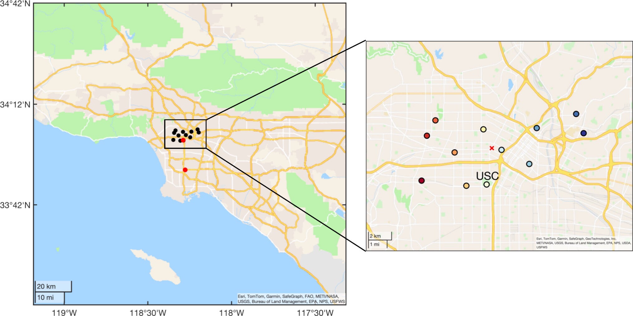 Map of Los Angeles showing BEACO2N-LA node locations (black circles on the left and color coded on the right) and the two Los Angeles Megacity Carbon Project sites used for calibration (red circles). The red × marker in the inserted map indicates the geographic center of the 12 nodes.