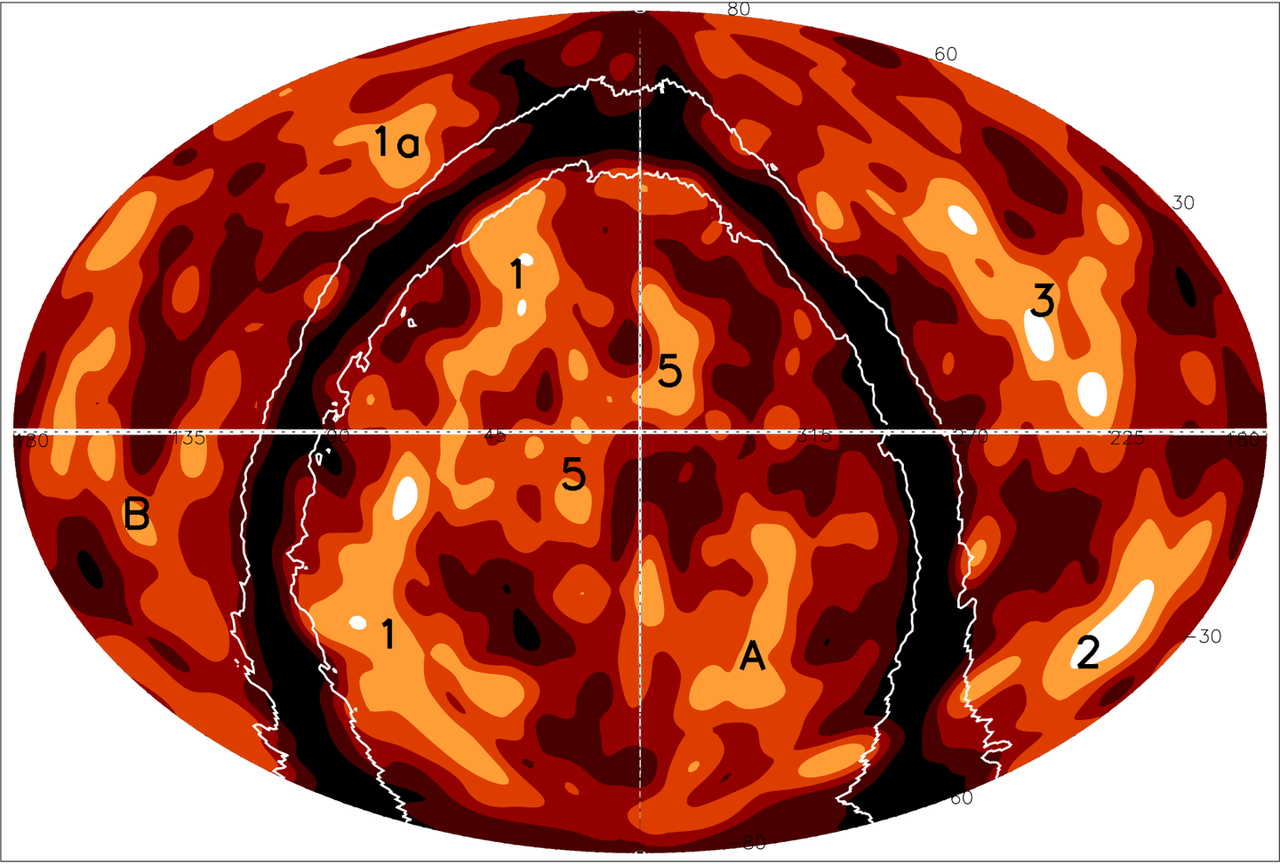 Density map of the 2MASS galaxy distribution in the redshift interval z=0.03−0.06 in equatorial coordinates.