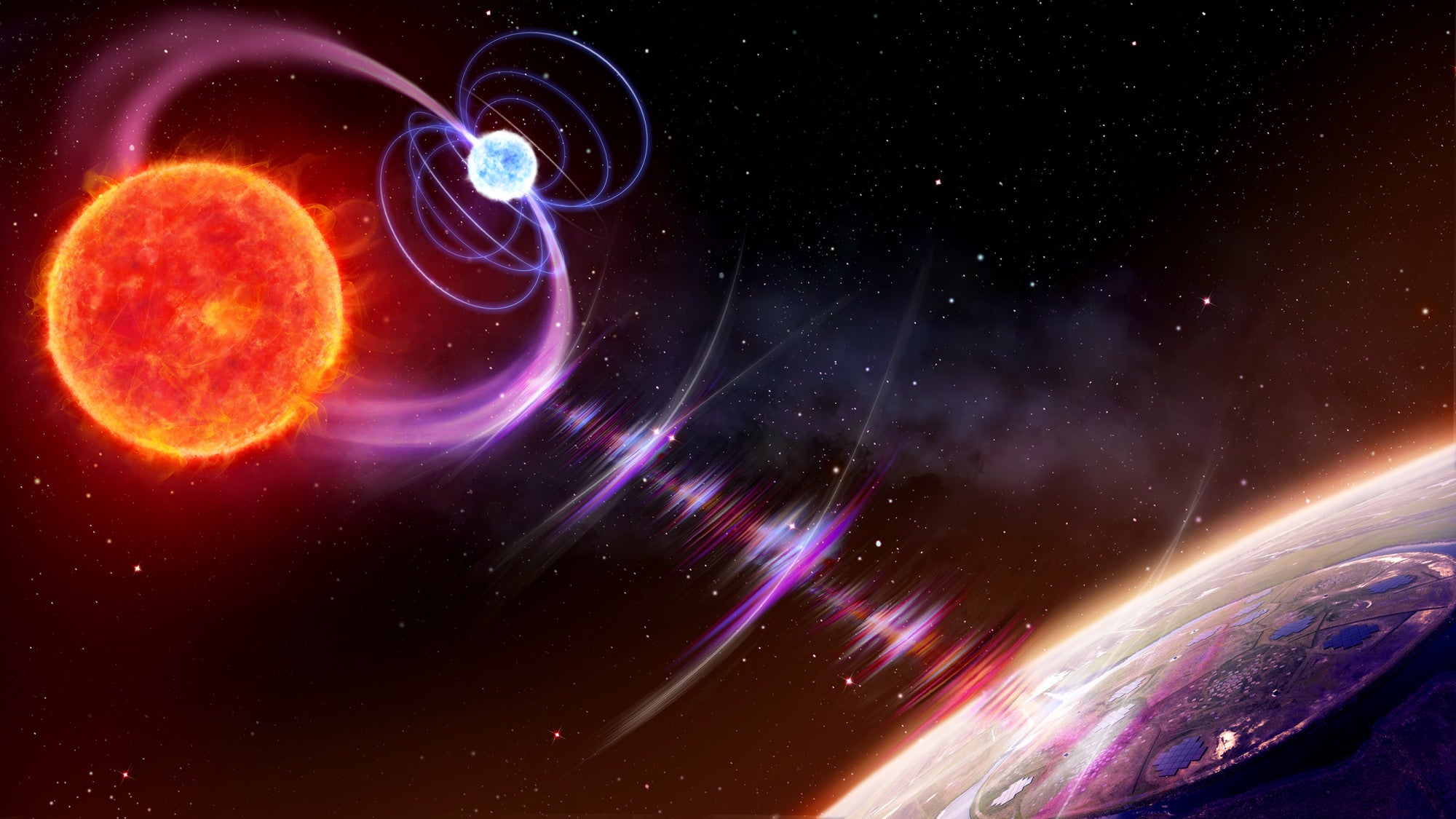 Artist's impression of a red dwarf (left) and a white dwarf (centre) orbiting each other. This results in radio pulses.