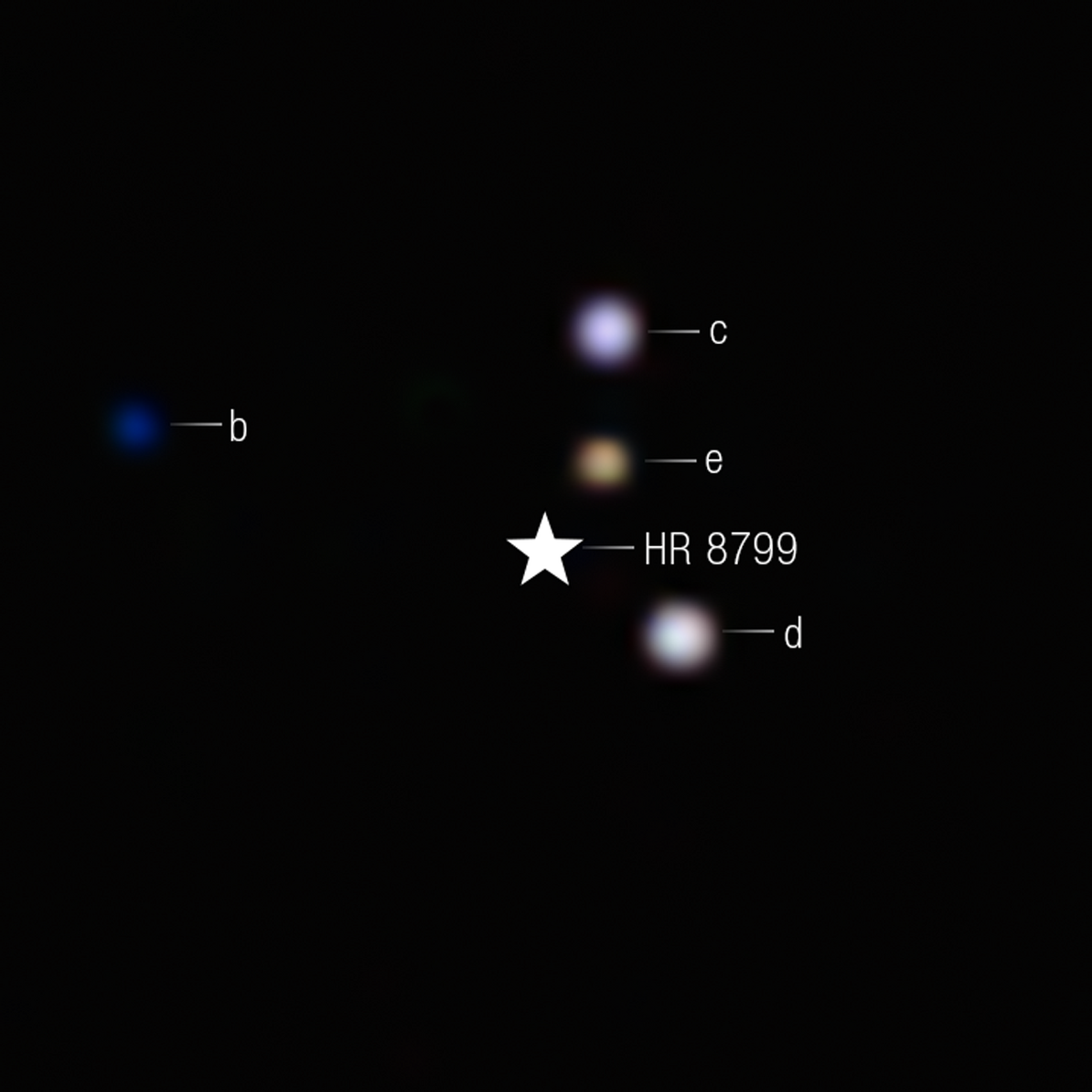 The clearest look yet in the infrared at the iconic multi-planet system HR 8799. Colors are applied to filters from Webb’s NIRCam (Near-Infrared Camera). A star symbol marks the location of the host star HR 8799, whose light has been blocked by the coronagraph. In this image, the color blue is assigned to 4.1 micron light, green to 4.3 micron light, and red to the 4.6 micron light. 