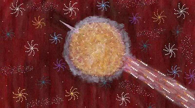 Wajarri artist, Judith Anaru, painted a fast radio burst as part of a series commissioned by CSIRO to celebrate the research being undertaken with CSIRO’s ASKAP radio telescope on Wajarri Country.