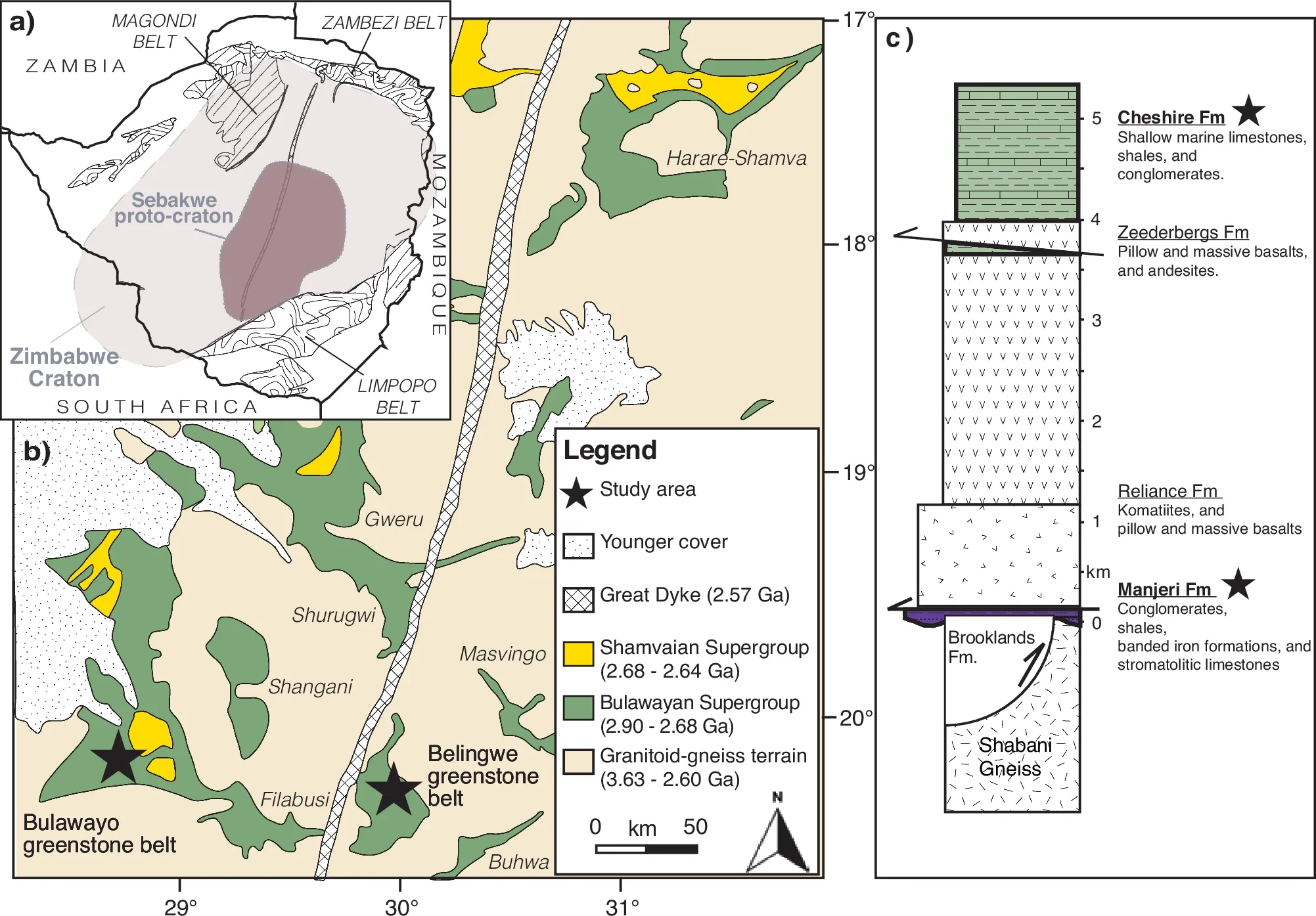 Geological context of the Manjeri and Cheshire formations.