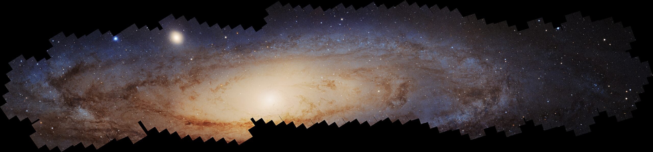 This is largest photomosaic ever assembled from Hubble Space Telescope observations. It is a panoramic view of the neighboring Andromeda galaxy, located 2.5 million light-years away. It took over 10 years to make this vast and colorful portrait of the galaxy, requiring over 600 Hubble overlapping snapshots that were challenging to stitch together.