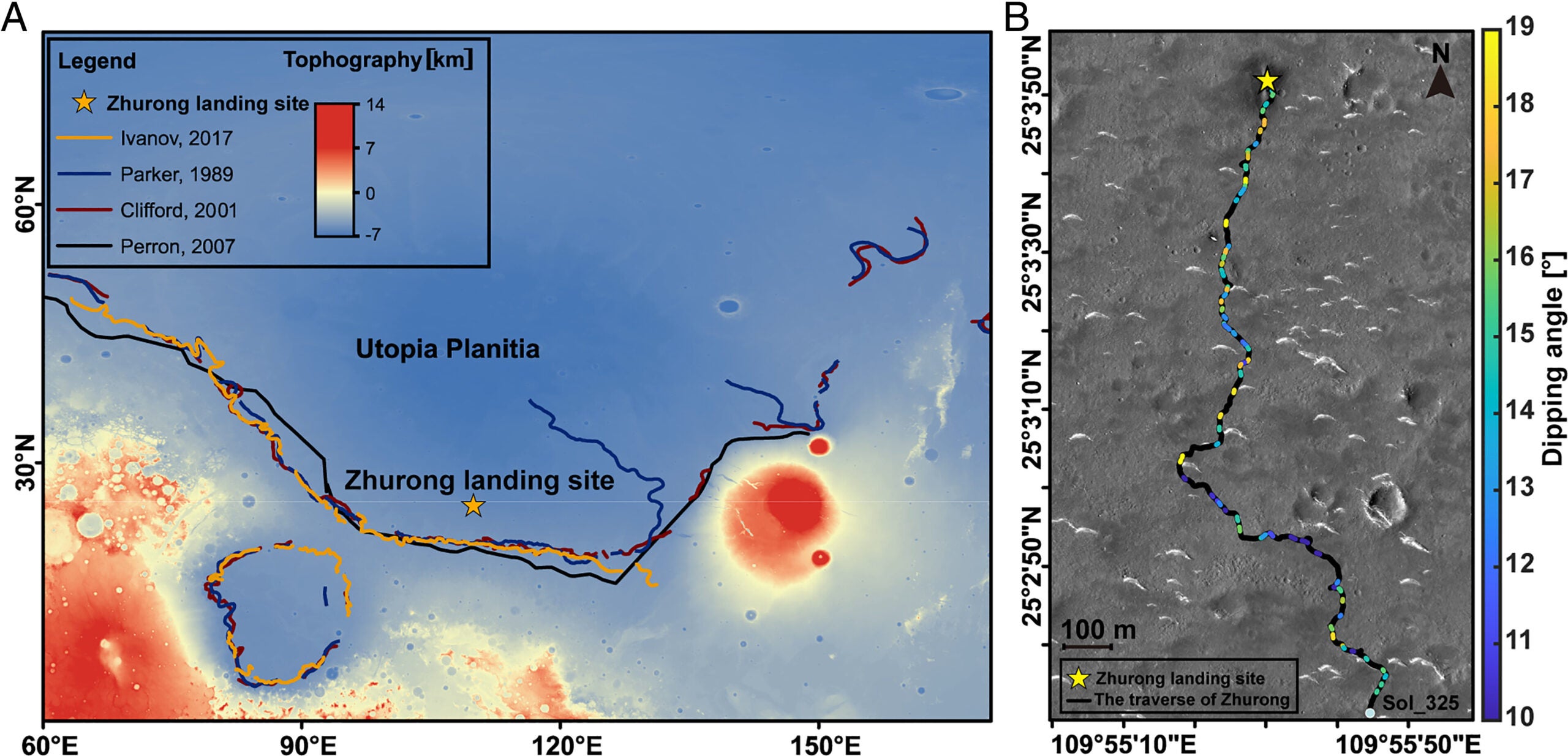Zhurong rover landing site and proposed shorelines in Utopia Planitia.