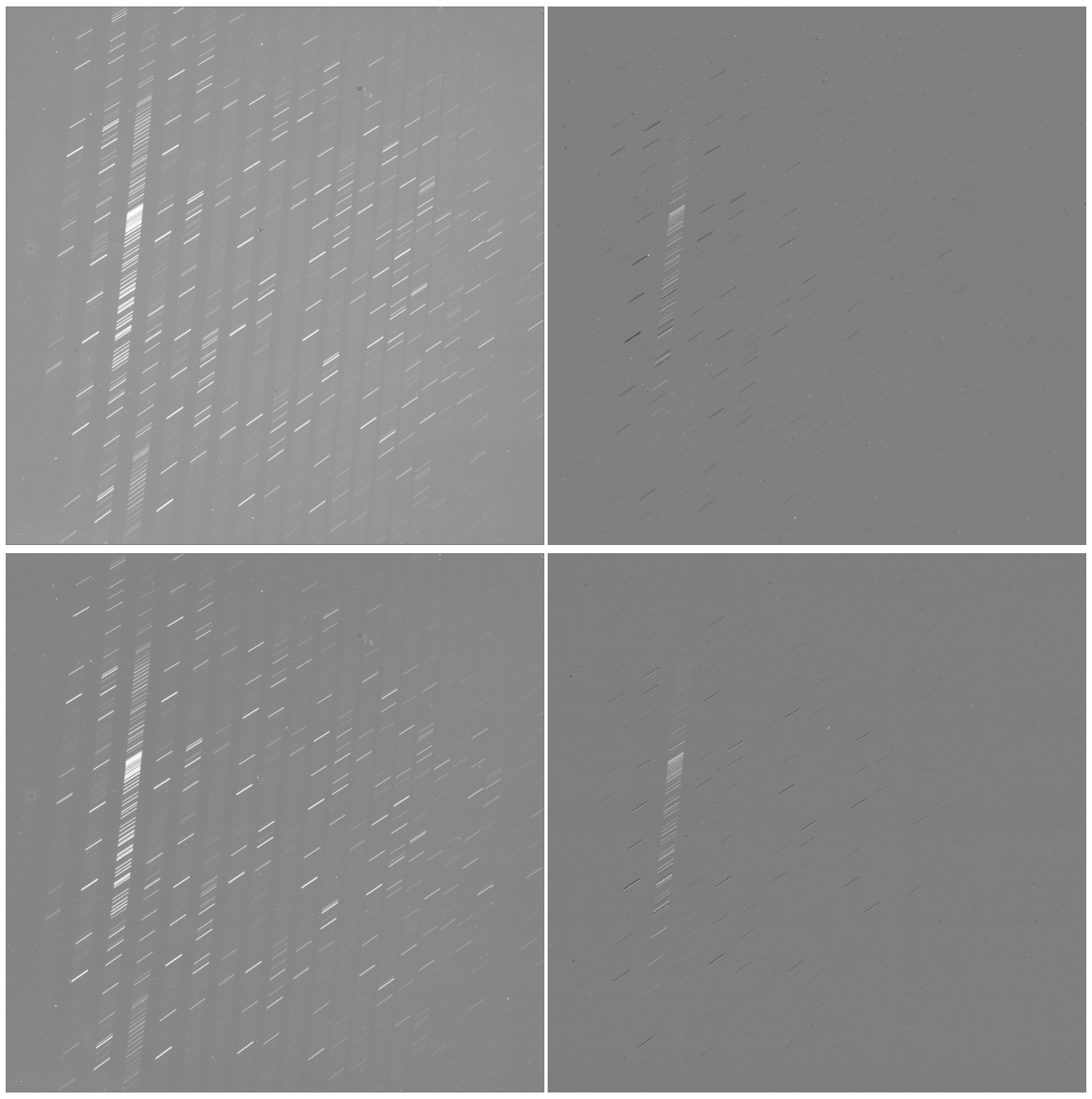 Examples of slit images before and after the sky subtraction are shown in left and right panels. The upper (lower) panels are for LeoV (Tucana II). The brightness corresponds to the number of photons. The images are reduced to the data of flux/standard deviation in terms of wavelength.