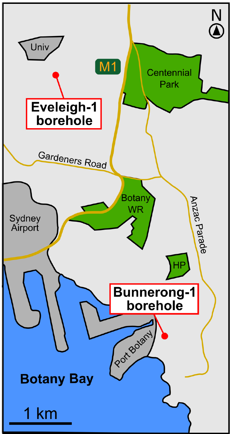 Simplified map of present-day southern Sydney with borehole locations for Bunnerong-1.