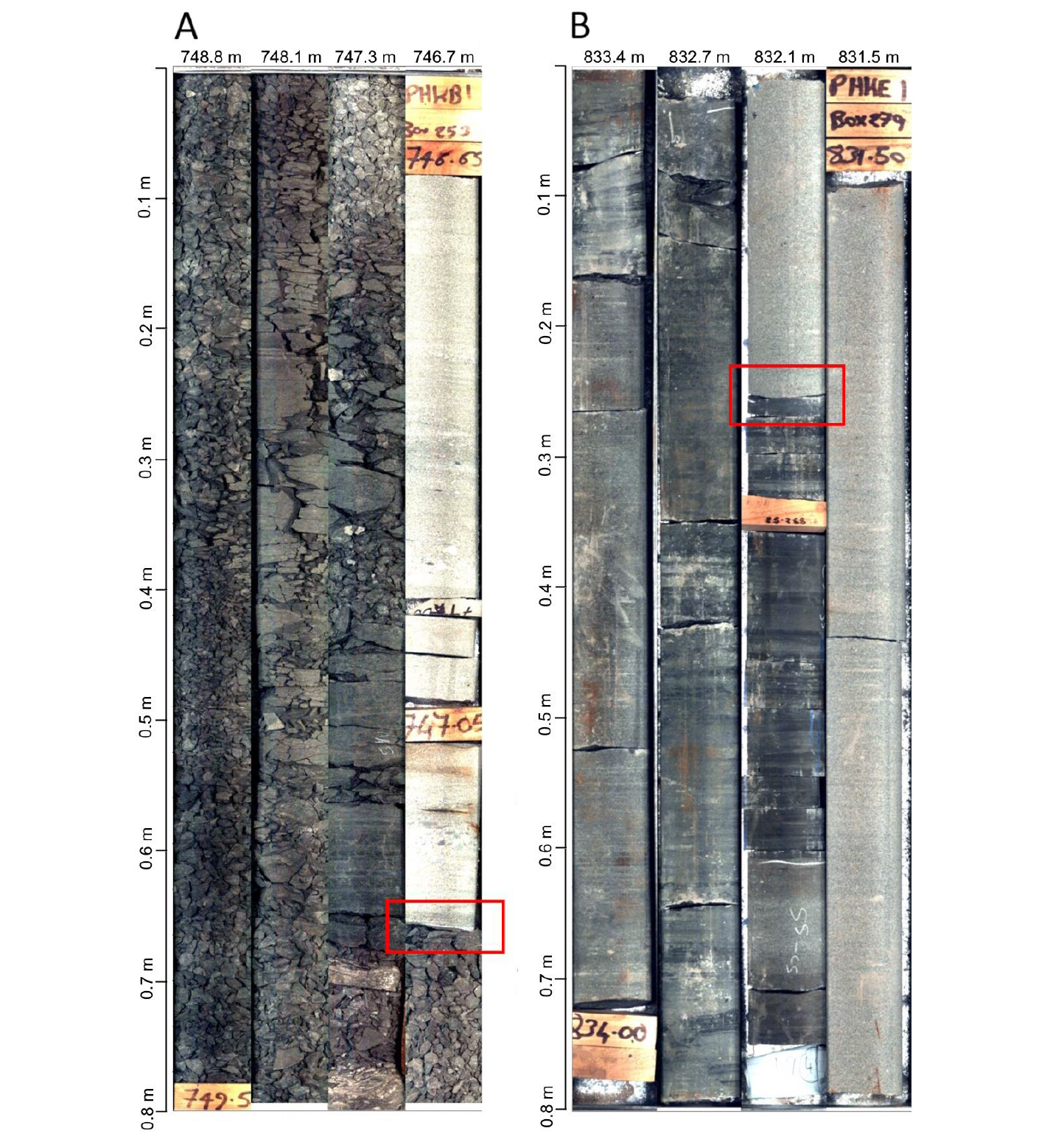 Unconformity (highlighted in red) between the Wombarra Claystone and Scarborough Sandstone. (A) Bunnerong-1 at 747.16 m depth. (B) Eveleigh-1 at 832.32 m depth. HyLogger core photos courtesy of the Geological Survey of New South Wales.