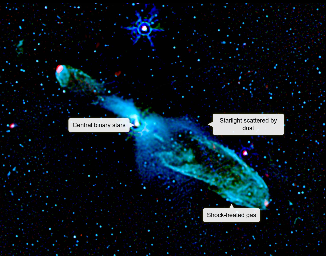 The central stars and the hot, glowing gas of the inner cavity appear in far-infrared light.