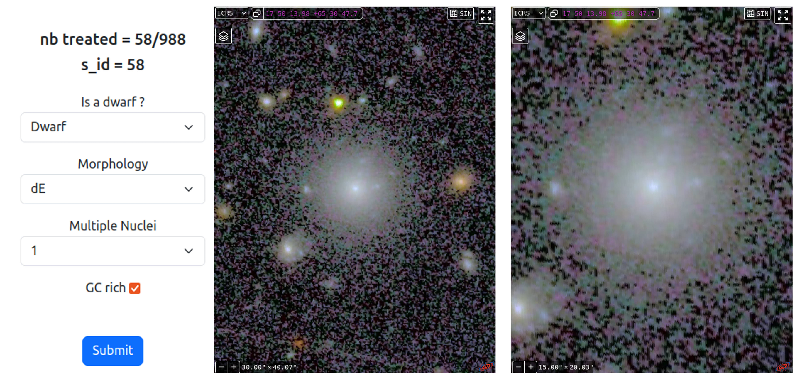 The online tool (Jafar) used to validate and visually classify the dwarf galaxy candidates, showing an example of a nucleated and potentially GC-rich dwarf galaxy candidate