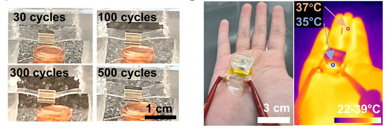 Simulations of the pump with current on and off, and corresponding photographs after repetitive actuation cycles. Optical image and IR image of the actuator on a hand after 100 actuation cycles.