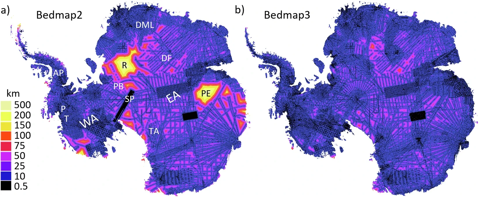 The survey coverage of Antarctica has improved since Bedmap2. This has decreased the distance from interpolated cells to ice thickness survey data (black lines) from that of (a) Bedmap2 (ref. 8) to that of (b) Bedmap3. 