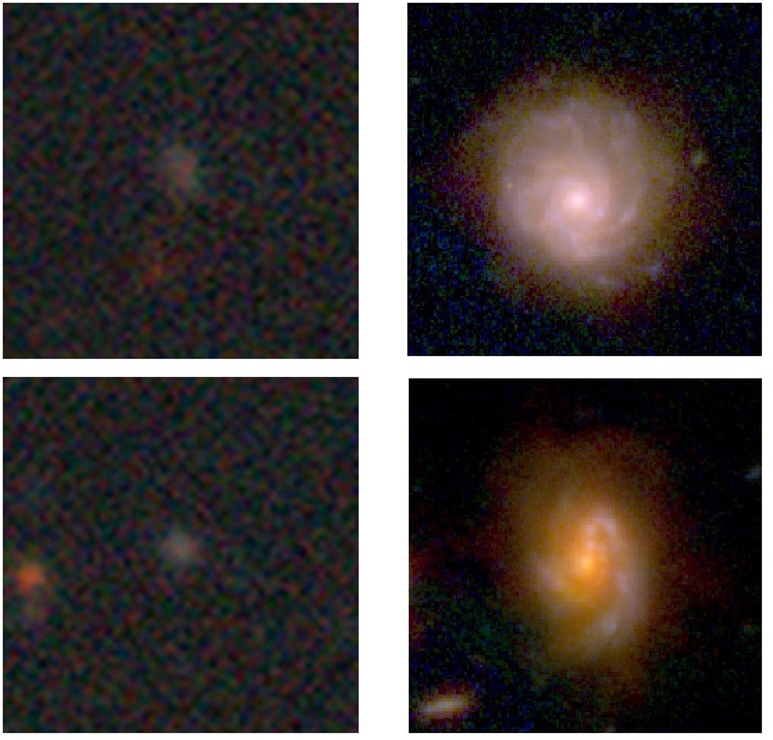 Example of the same galaxies imaged by DES (left) and by JWST. JWST allows to analyse galaxies that DES or other Earth-based telescopes cannot image with sufficient details to identify their direction of rotation.