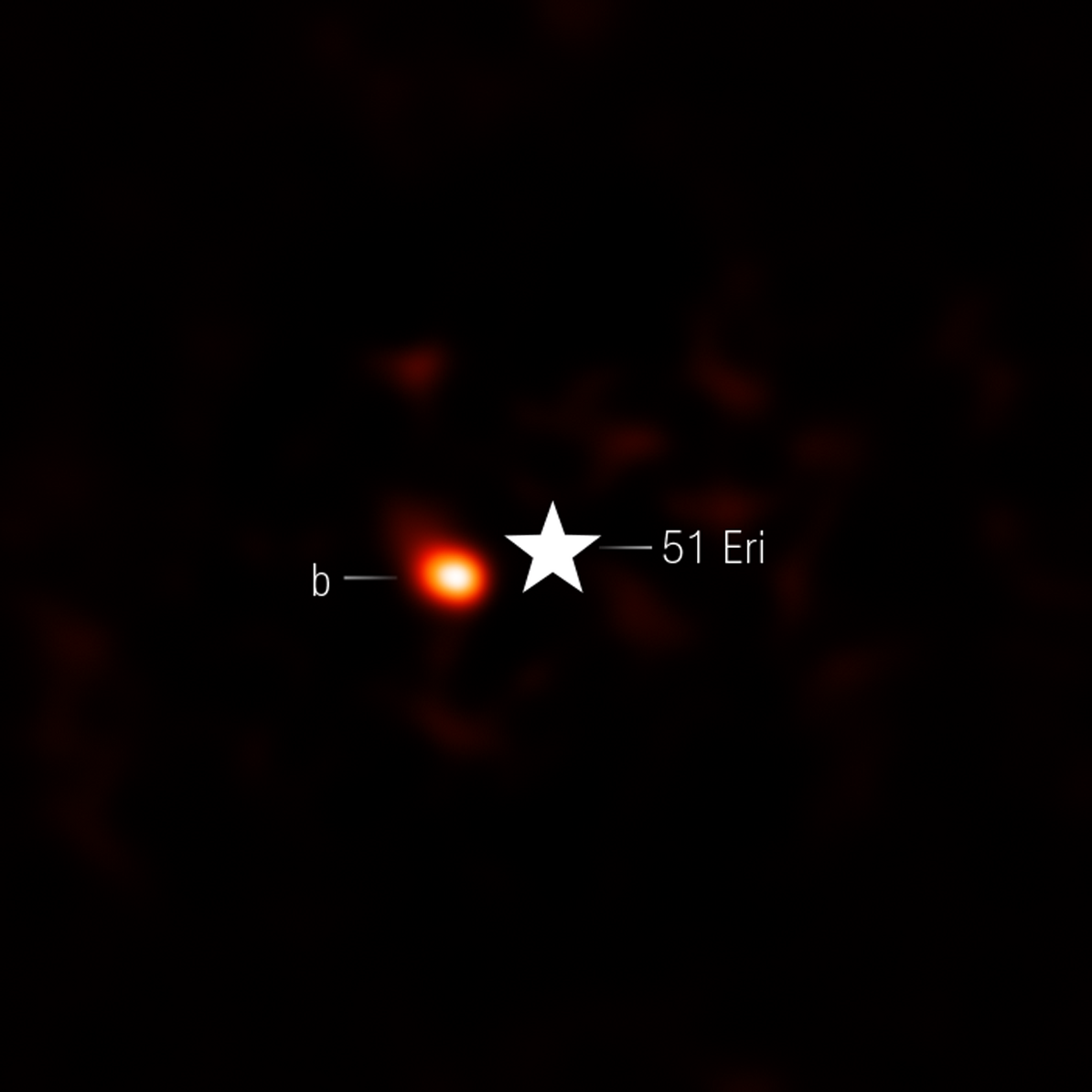 Webb captured this image of Eridani 51 b, a cool, young exoplanet that orbits 11 billion miles from its star. This image includes filters representing 4.1-micron light as red.