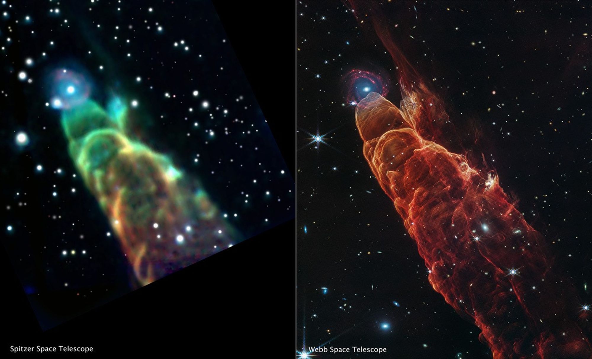 This side-by-side comparison shows a Spitzer Space Telescope Infrared Array Camera image of HH 49/50 (left) versus a Webb image of the same object (right) using the NIRCam (Near-infrared Camera) instrument and MIRI (Mid-infrared Instrument). 