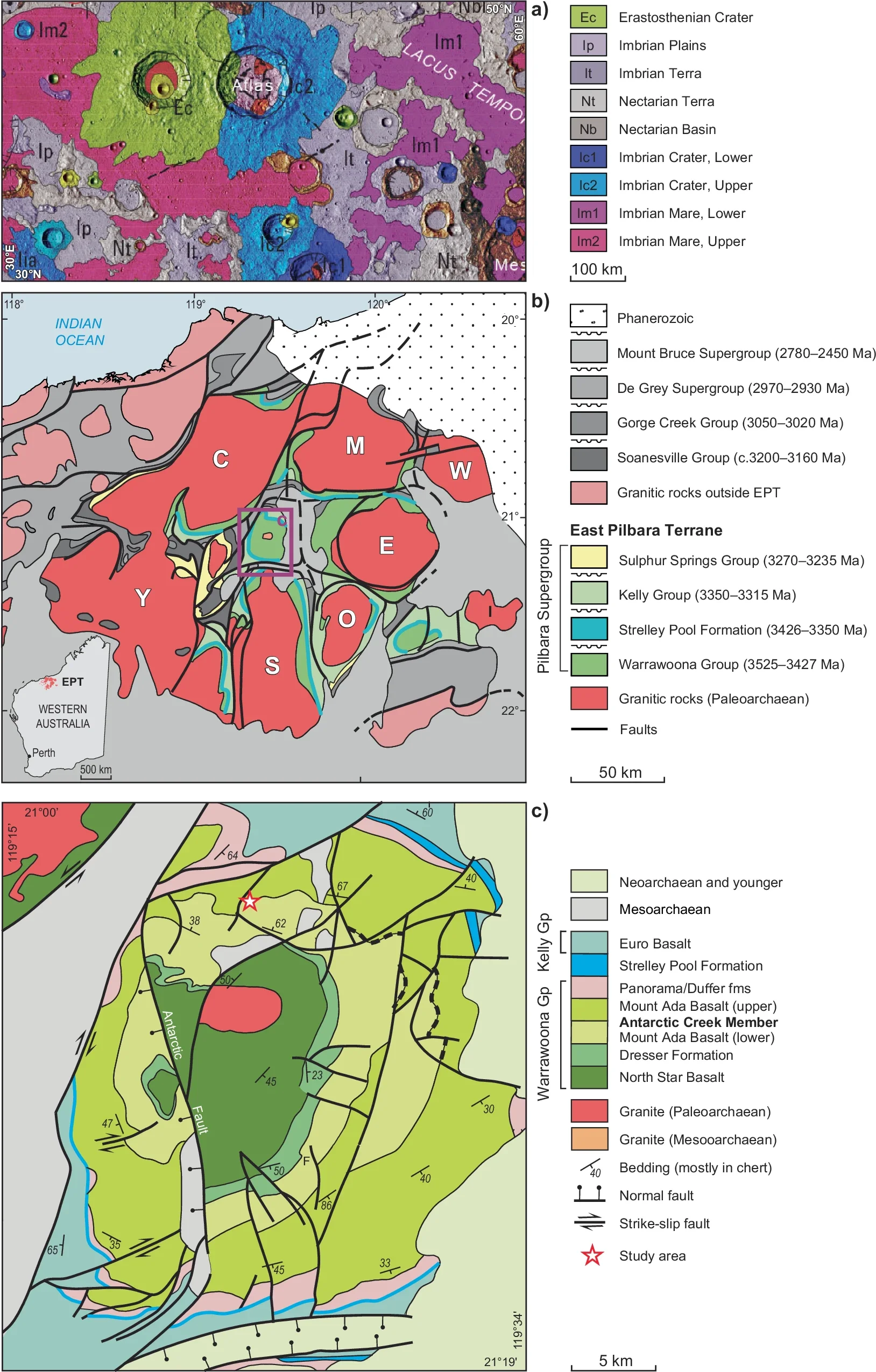 Geological map of a (northeastern) part of the Moon around the Atlas crater, a complex impact structure with a heavily fractured crater floor and a central peak complex. 