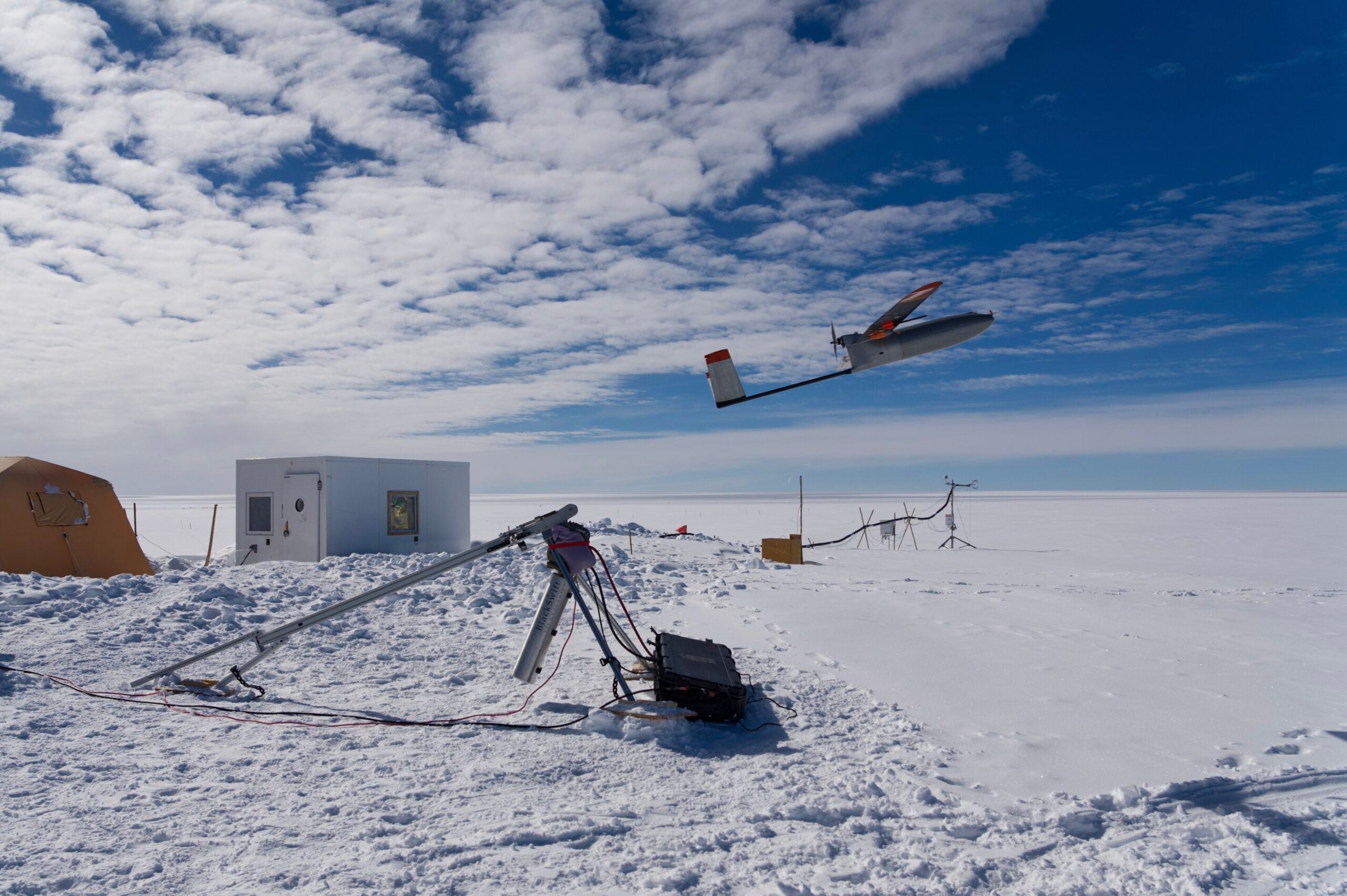 A launched drone bound for collecting air samples for isotopic analysis at EastGRIP, Greenland. 