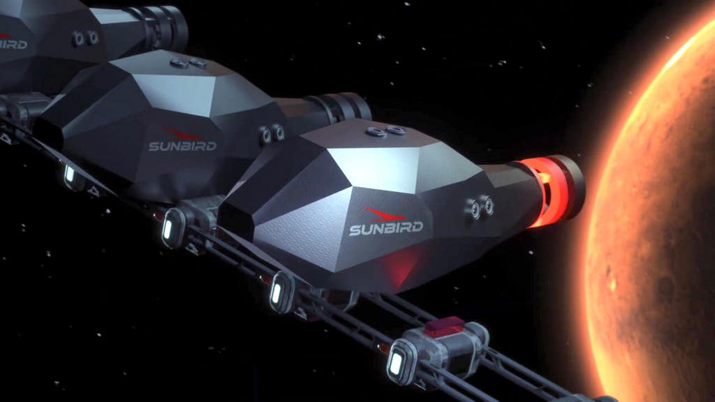 Concept visualisation showing how the Sunbird fusion-powered propulsion system would attach to large space vehicles and tow them vast distances.
