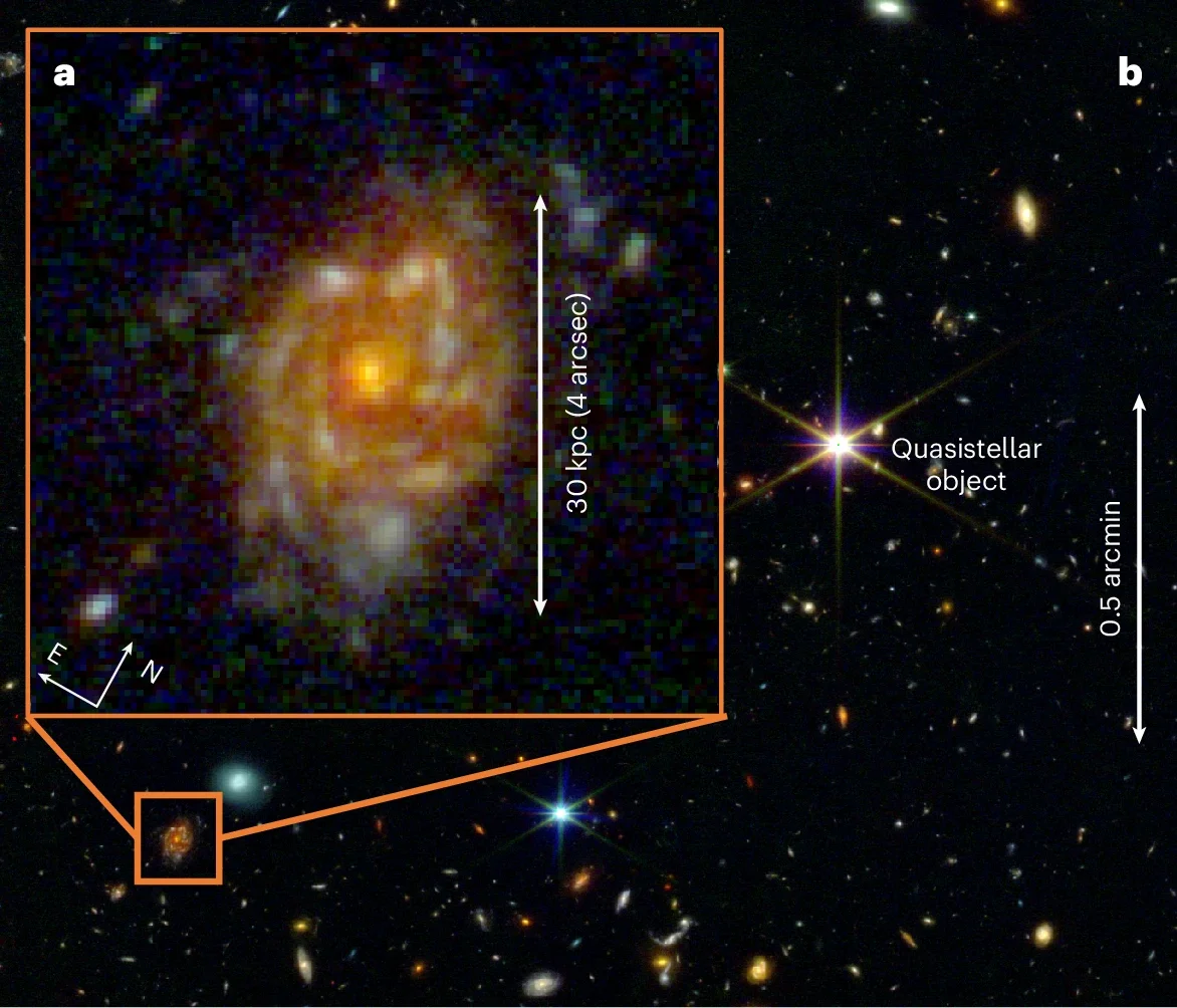 The Big Wheel galaxy and its cosmic environment. The galaxy is a giant rotating disk at redshift z = 3.25, with clear spiral arms. It is so far unique for its large disk size of around 10 kpc — larger than any other galaxy disks confirmed at similar redshifts. 