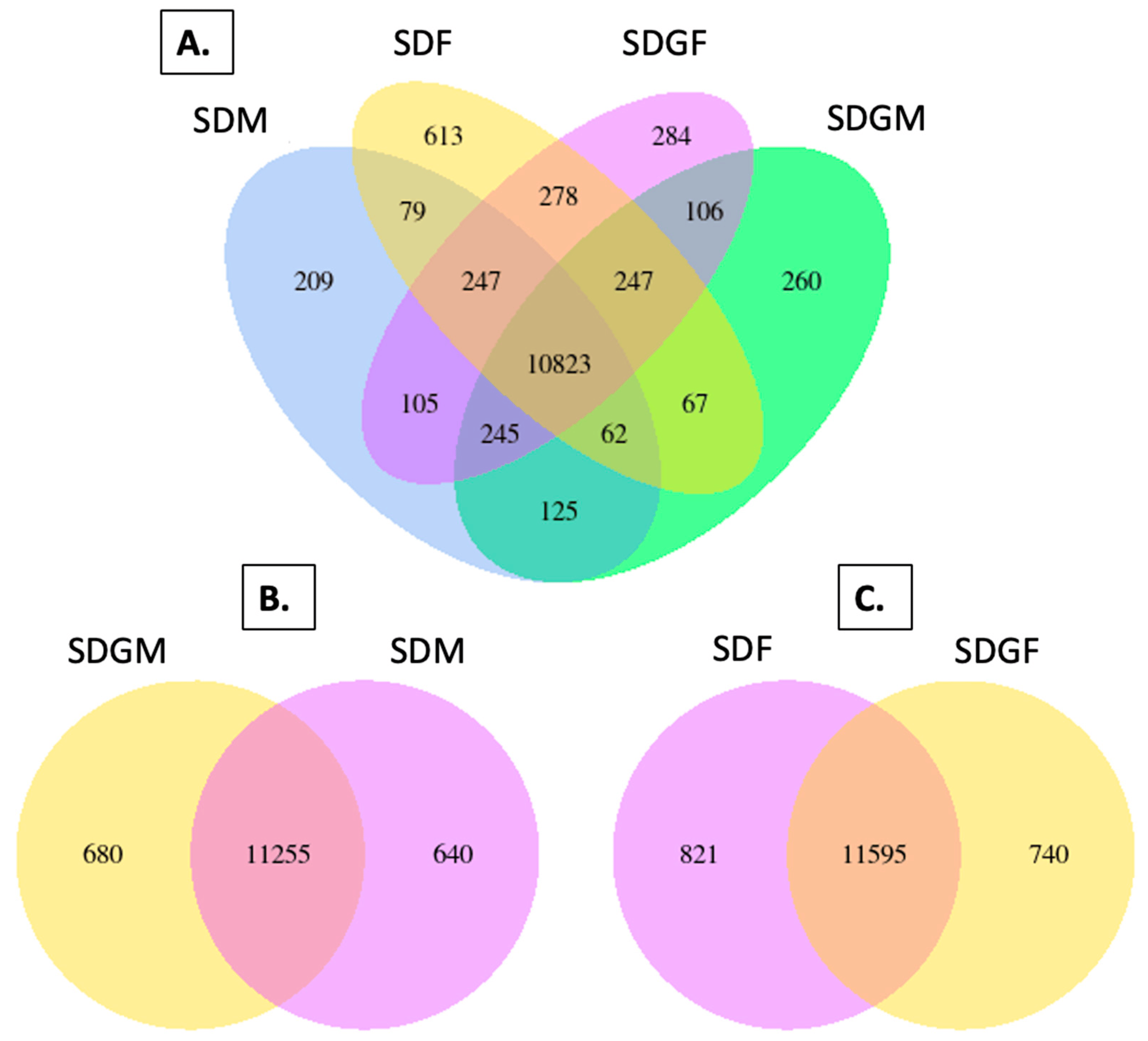 Venn diagrams depicting genes expressed in the muscles of mice provided with standard and grape-supplemented diets.