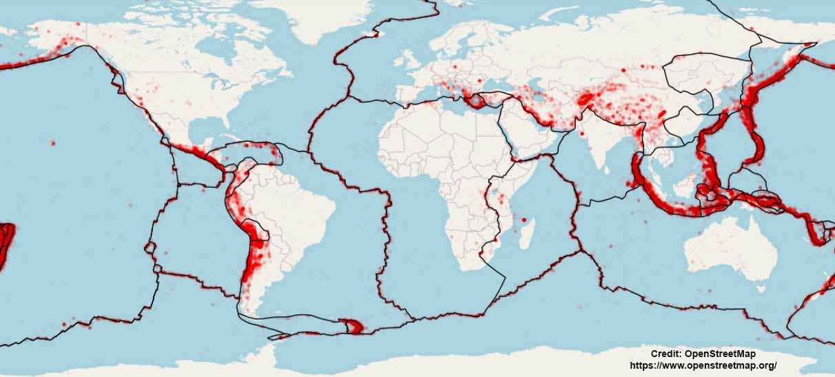 Illustration of the earthquake catalogs analyzed. Earthquakes are shown as semitransparent red dots, and plate boundaries are shown in black.