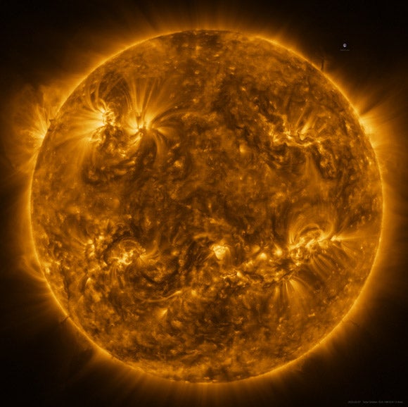 The Sun as seen by Solar Orbiter in extreme ultraviolet light from a distance of roughly 75 million km