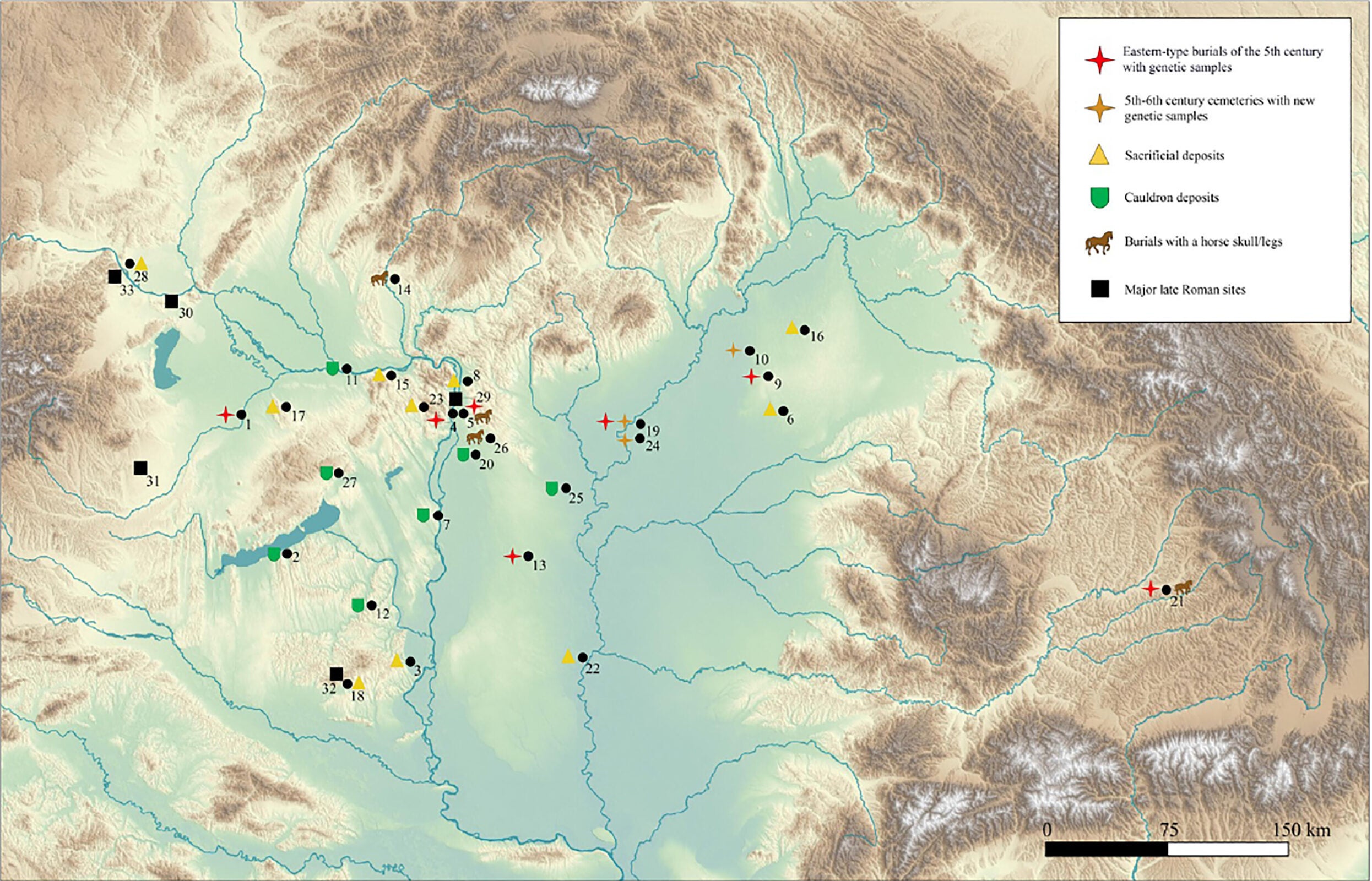 Distribution of eastern cultural features in the Carpathian Basin in the 5th century and the archaeological sites of the newly sequenced individuals for this study.