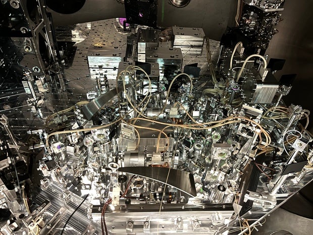 A view at the source of squeezed light in LIGO's vacuum chamber, taken when the chamber holding the technology was open for maintenance. 