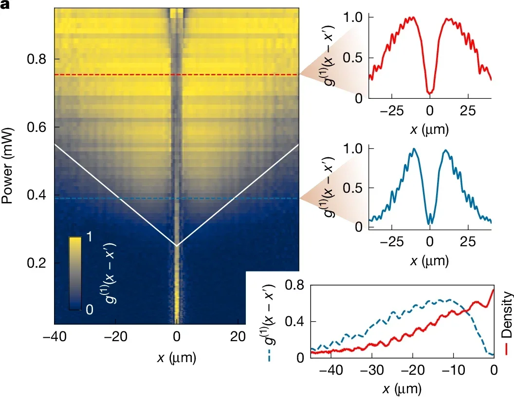 Spatial coherence through threshold. The first-order correlator g(1)(x − x′) is a direct measurement of the coherence of the condensate.