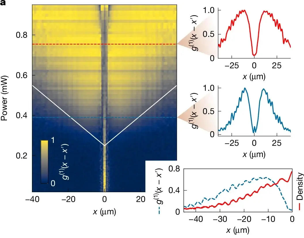 Spatial coherence through threshold. The first-order correlator g(1)(x − x′) is a direct measurement of the coherence of the condensate.