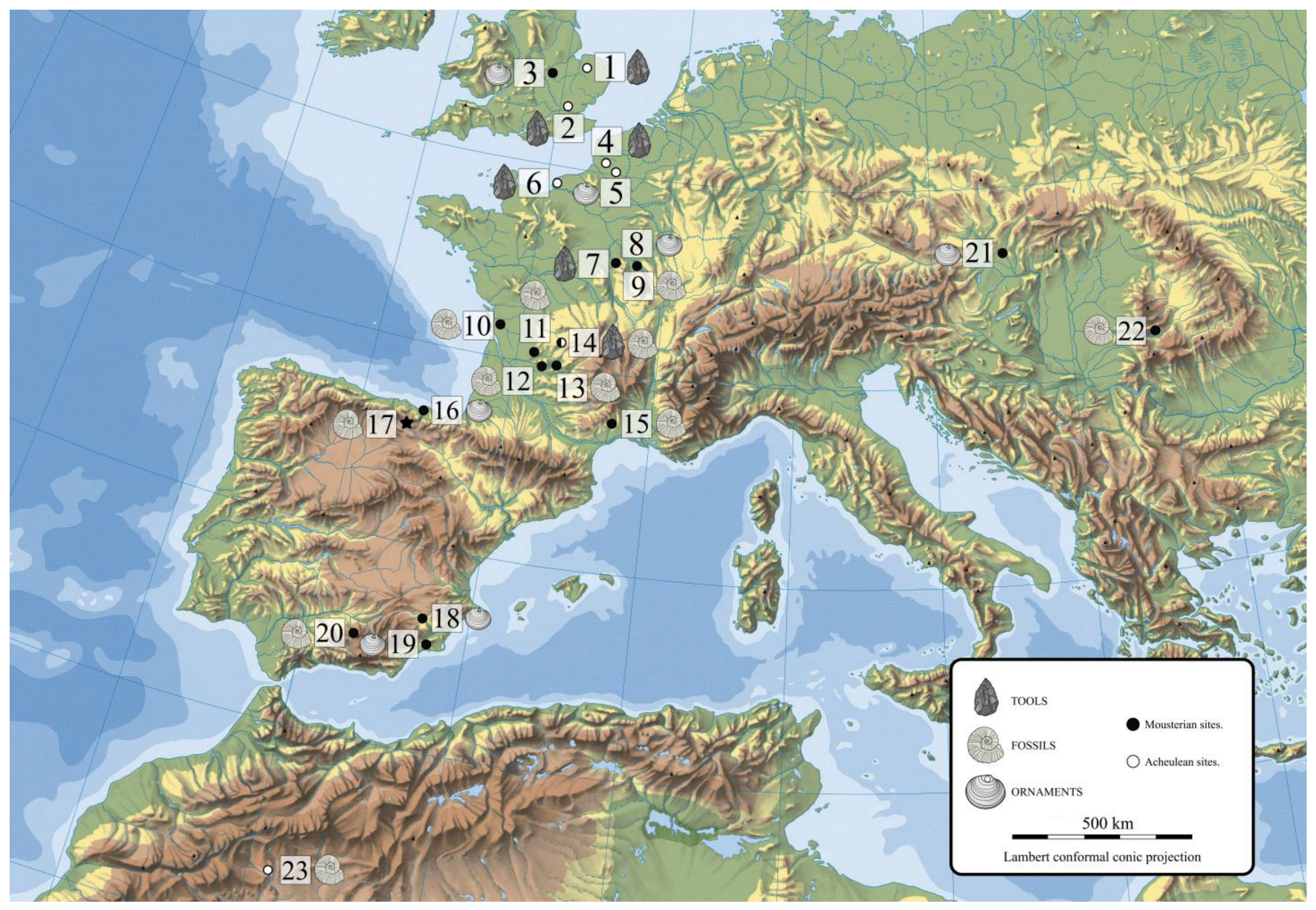 Map of the archaeological sites mentioned in the text. 1, West Tofts; 2, Swanscomb; 3, Bedford; 4, Beaunesque; 5, Saint Acheul; 6, Bléville; 7, Roche au Loup; 8, Grotta du Renne; 9, Grotte de L’Hyene; 10, Saint Cesaire; 11, La Ferrasie; 12, Combe Grenal; 13, Pech de L’Aze I; 14, Chez-Pourré-Chez-Comte; 15, Lunel-Viel; 16, Arlanpe; 17, Prado Vargas; 18, Cueva Antón; 19, Cueva de los Aviones; 20, Cueva de la Carihuela; 21, Tata; 22, Bordul Mare Cave; 23, Erfoud.