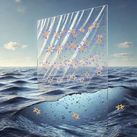 Artistic rendering of the new plastic. Cross linked salt bridges visible in the plastic outside the seawater give it its structure and strength. In seawater (and in soil, not depicted), resalting destroys the bridges, making it water soluble, thus preventing microplastic formation and allowing the plastic to become biodegradable. 