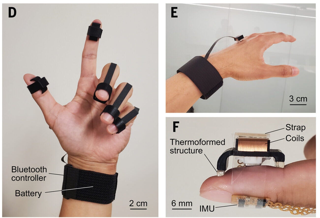 (D) Photograph of the FOM actuators mounted on the fingertips, with a wireless control unit and battery in a wrist band. (E) Photograph of an FOM actuator mounted on the dorsal hand. (F) Photograph of a skin-integrated FOM actuator on a fingertip facilitated by a conformable thermoforming interface and a transparent strap