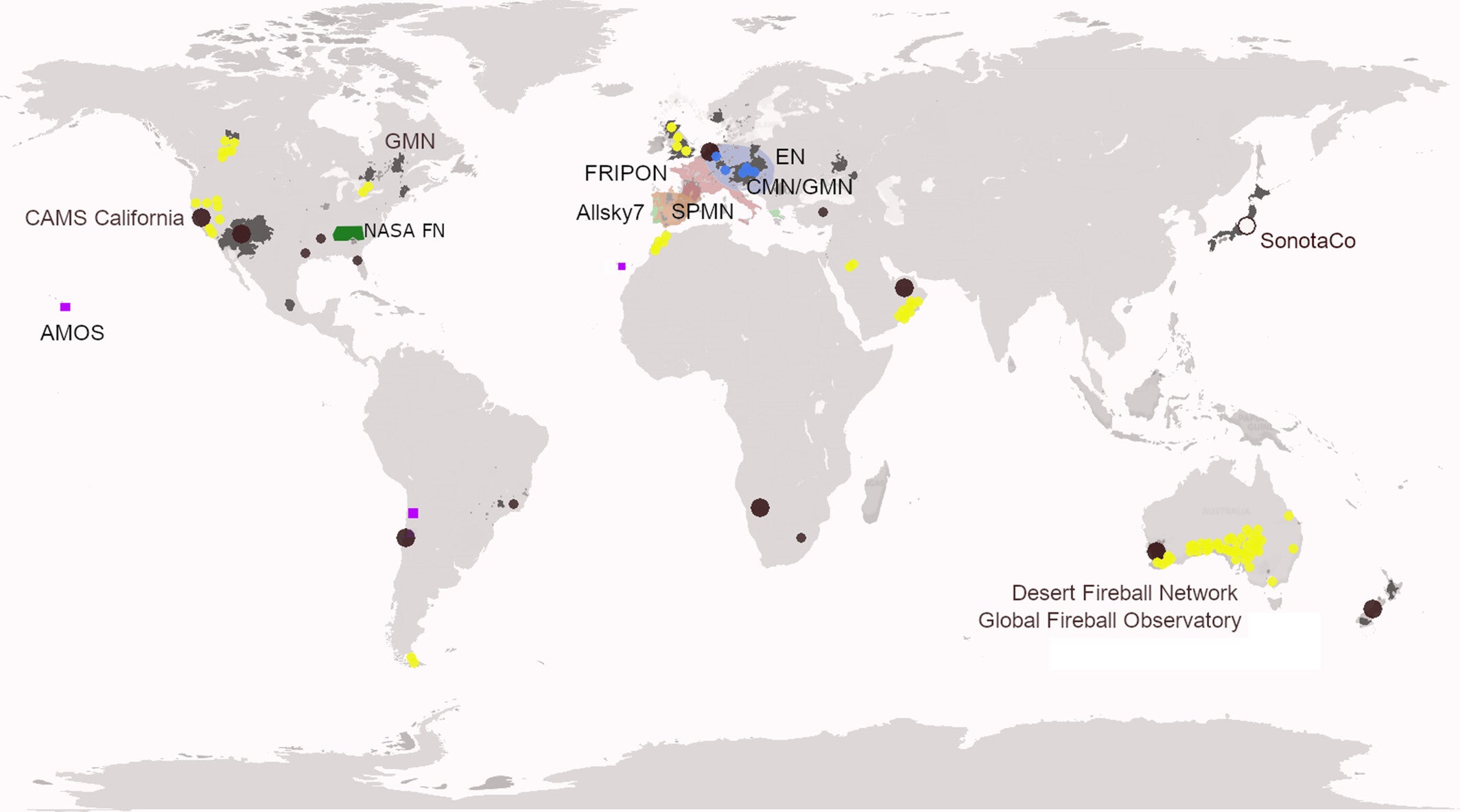 The approximate global area coverage and distribution of camera networks aimed at measuring the approach orbit of meteorite falls.