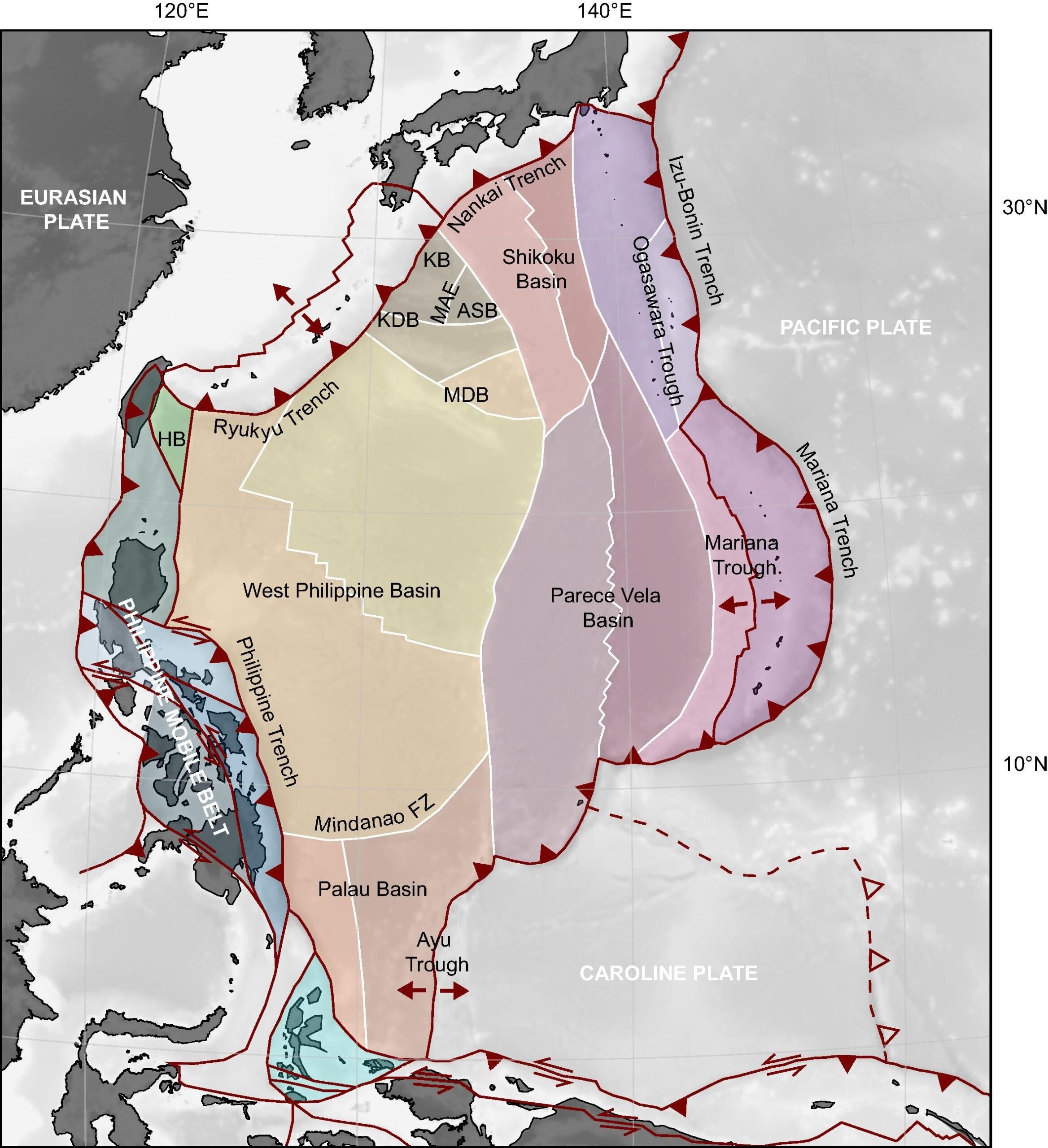 Tectonic map of the Philippine Sea Plate, highlighting the different microplates that formed as a result of oceanic spreading at different spreading centers. Present-day plate boundaries are red (modified from Bird, 2003), former plate boundaries are white.