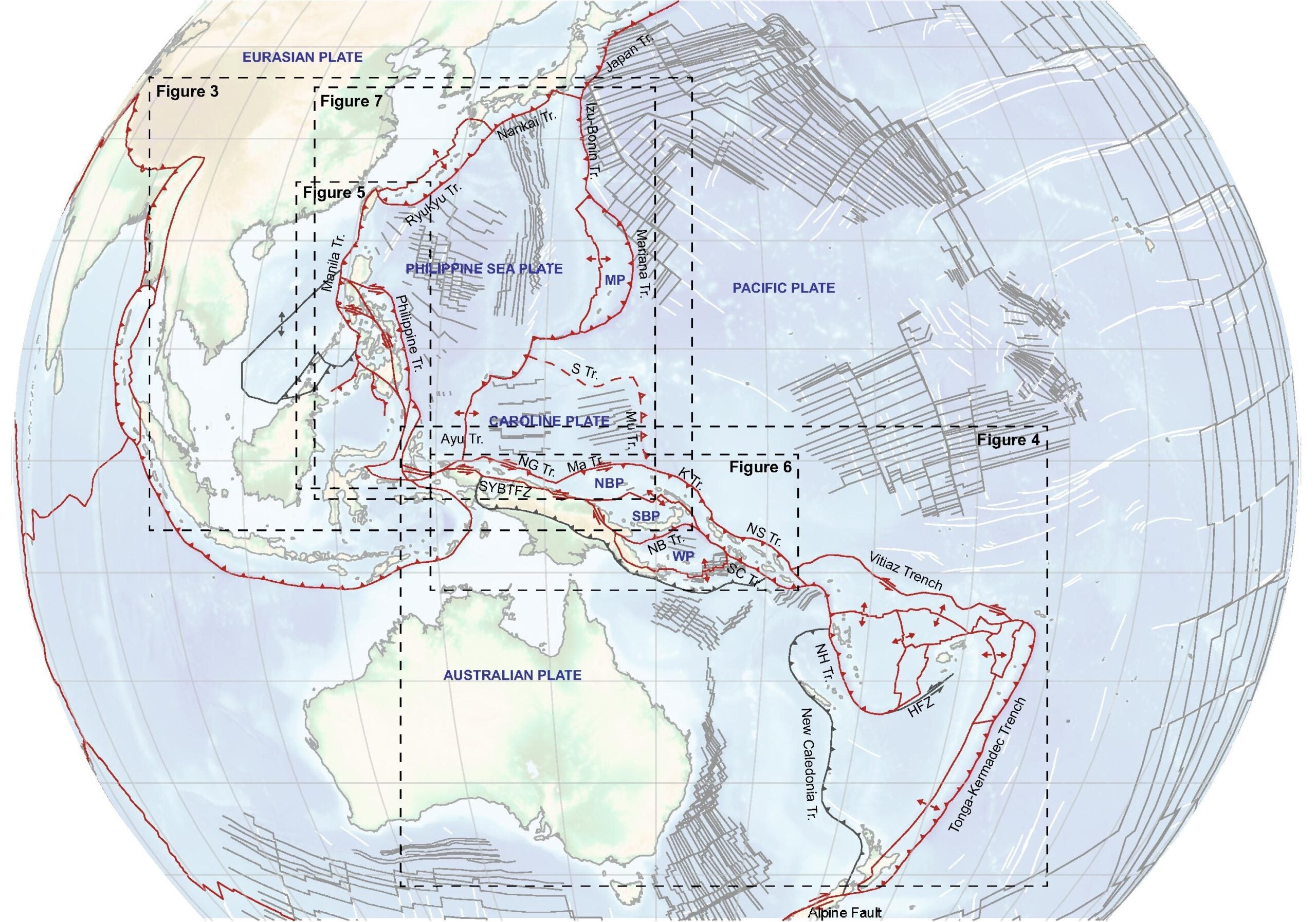 Map of the reconstructed region. Present-day plate boundaries are red (modified from Bird, 2003), relevant former plate boundaries are gray. Marine magnetic anomalies are indicated by black lines, fracture zones are indicated by white lines.
