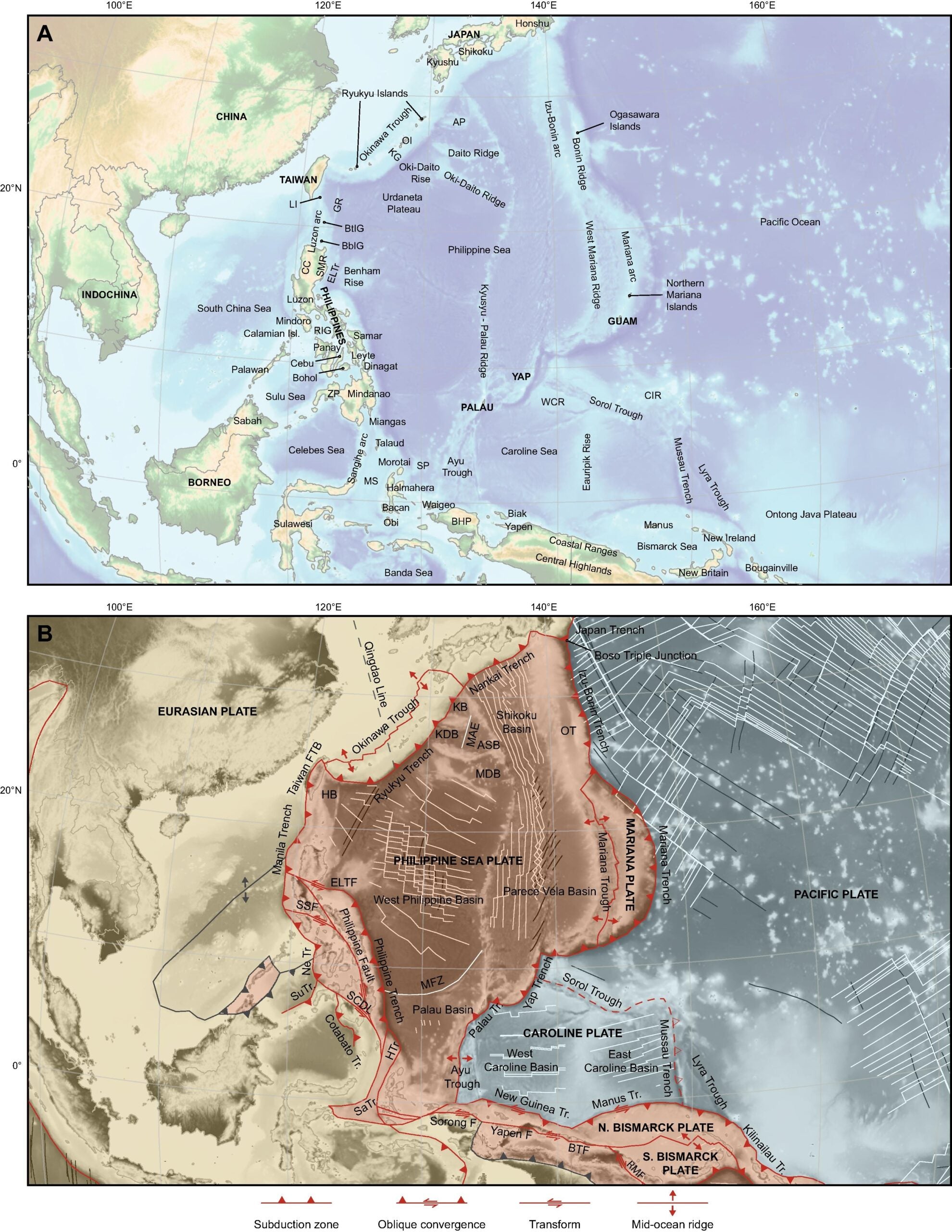 Geographic (A) and tectonic (B) maps of the Philippine Sea Plate region. Present-day plate boundaries are red (modified from Bird, 2003), relevant former plate boundaries are gray. Marine magnetic anomalies are indicated by white lines, fracture zones are indicated by black lines.