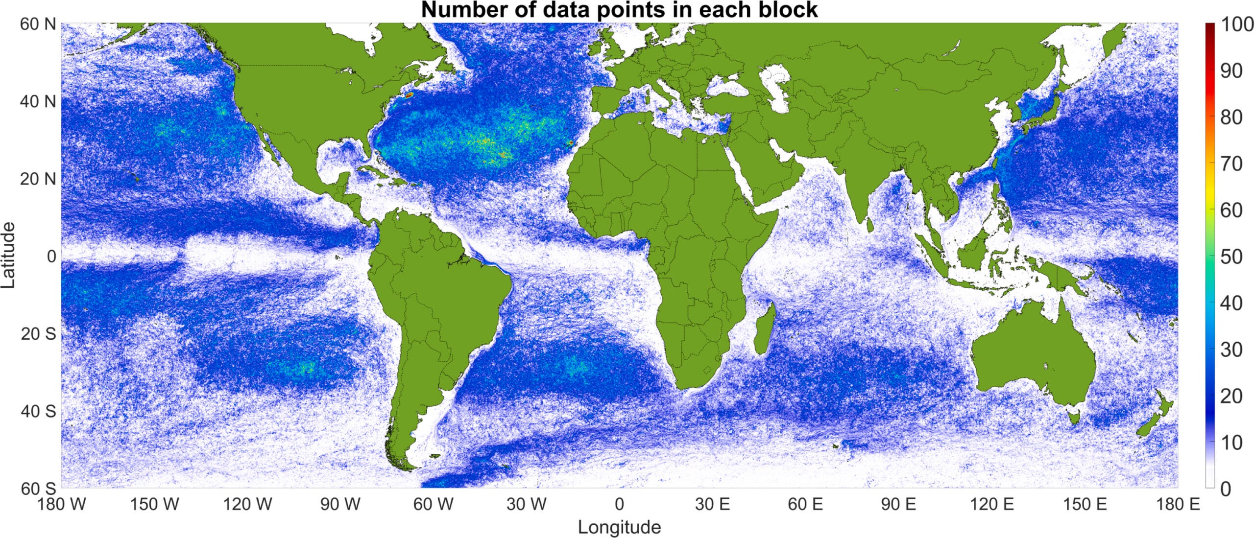 Global map of data point distribution per 0.05° x
 0.05° block.