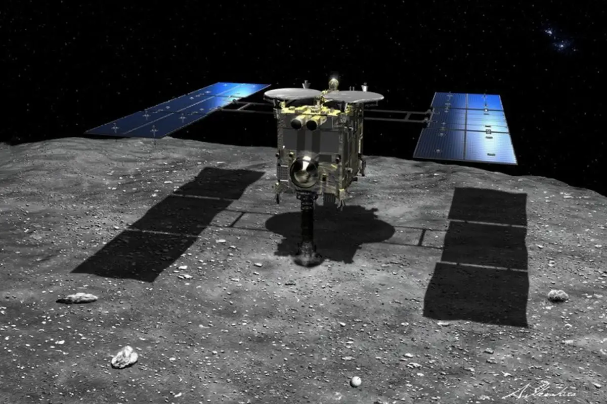 An illustration showing Hayabusa2 making contact with asteroid Ryugu as it gathers surface samples.