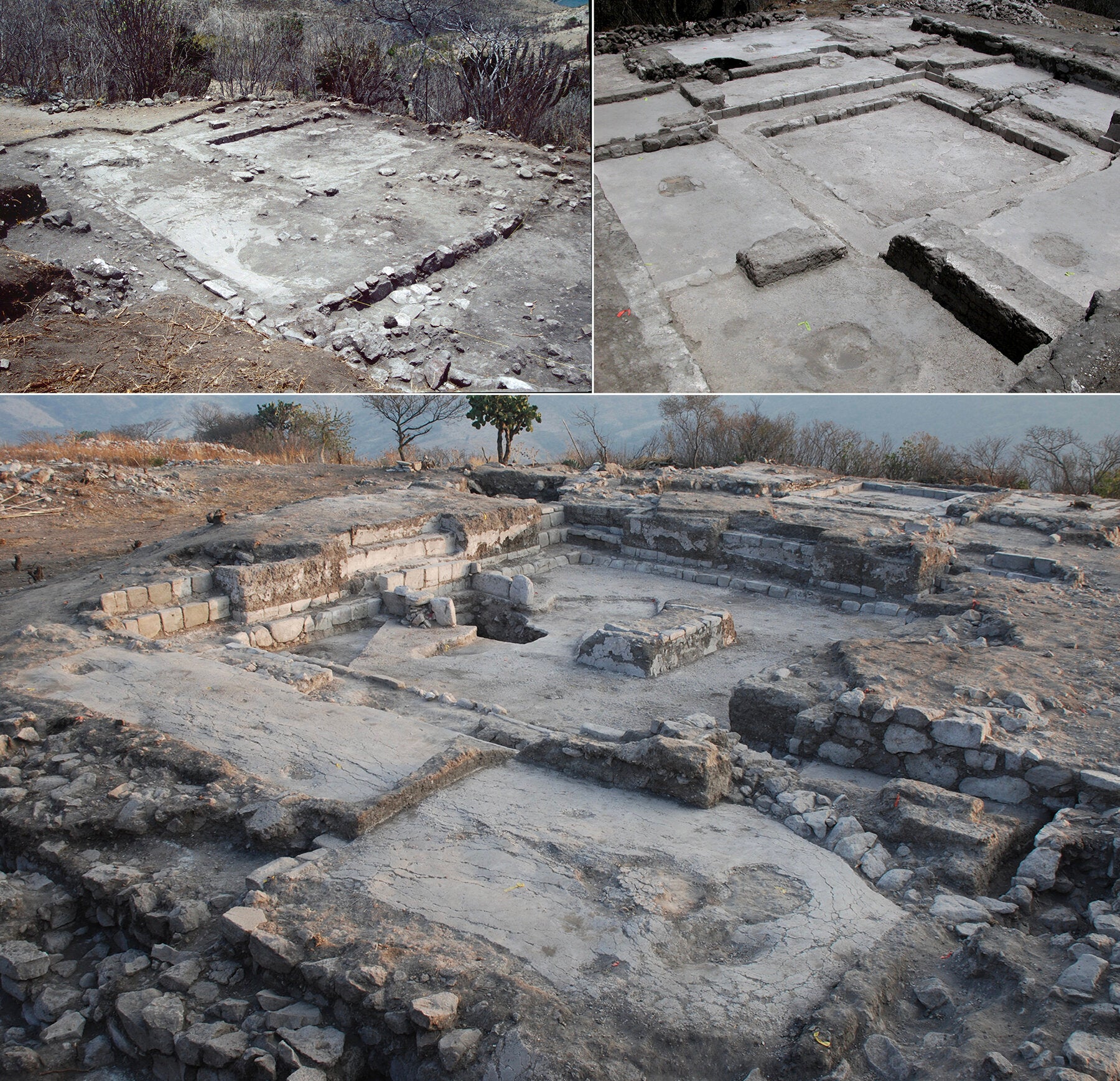 Three excavated Classic period (ca. 550–750 CE) houses at El Palmillo (Valley of Oaxaca, Mexico). Bottom: the largest and most elaborate residential structure (Platform 11). Top right: a less elaborate residence (Structure 35). Top Left: a smaller residence (Terrace 925).