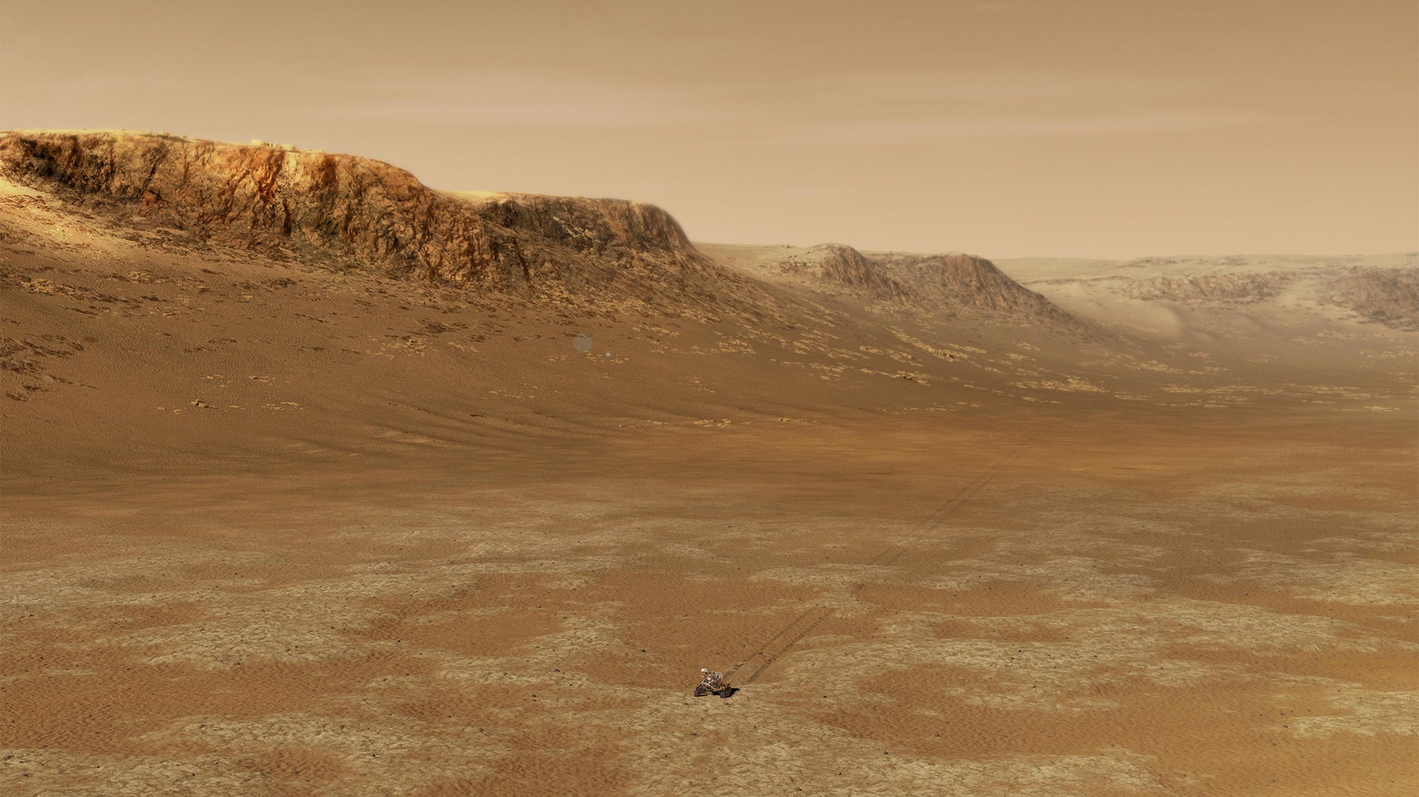 An illustration of NASA's Perseverance rover exploring inside Mars' Jezero Crater. 