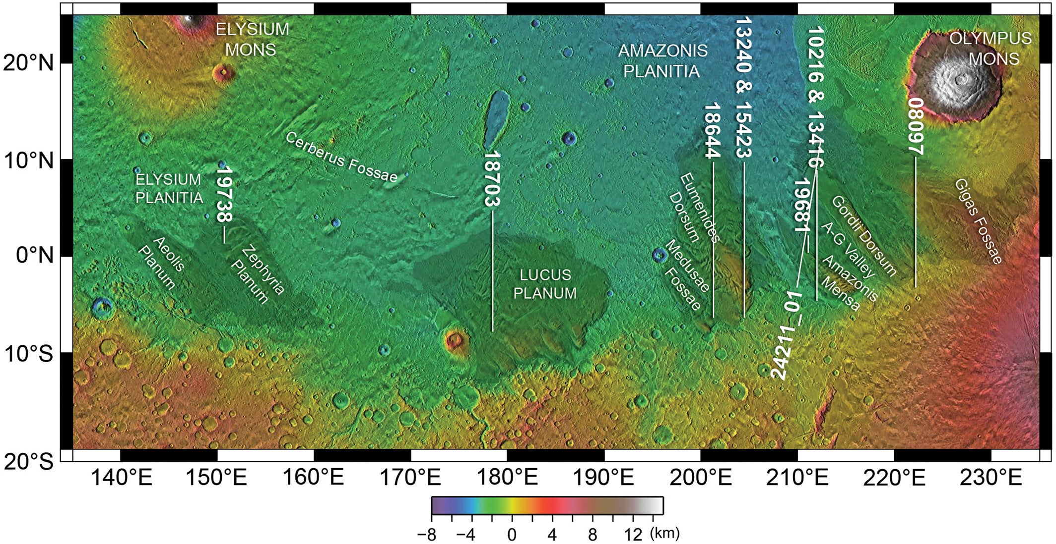 Medusae Fossae Formation (MFF) deposits along the Martian dichotomy boundary. The locations of Mars Advanced Radar for Subsurface and Ionospheric Sounding radargrams are indicated by white lines. Mars Orbiter Laser Altimeter shaded relief map with colorized elevation. The dark shaded areas show the MFF deposit boundaries modified from Tanaka et al.