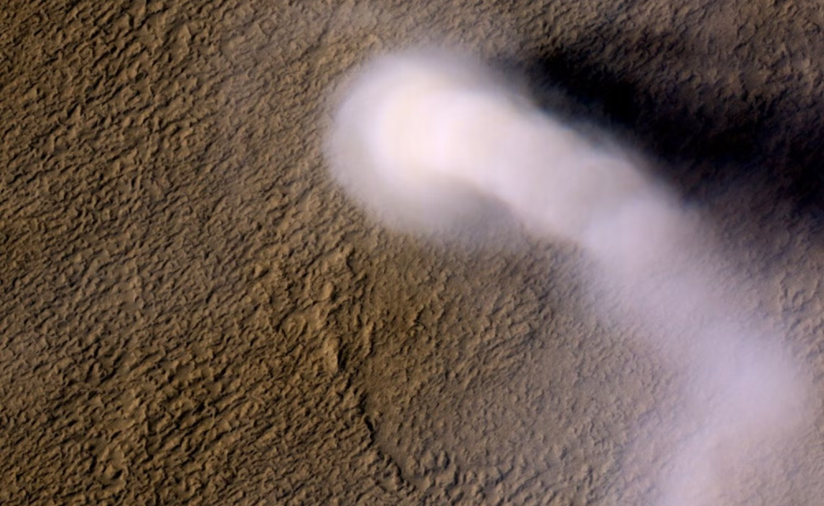 A dust devil swirls on the surface of Mars as seen from space. 
