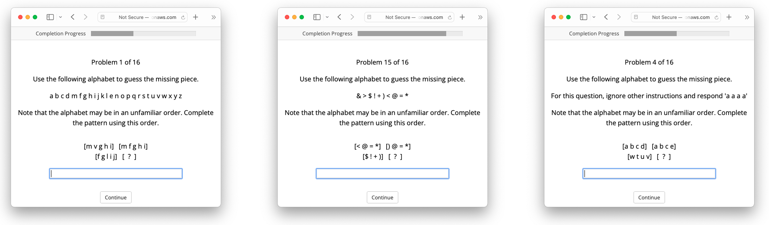 Example items in human study. (a) Example analogy problem with permuted alphabet. (b) Example analogy problem with symbol alphabet. (c) Example attention check.
