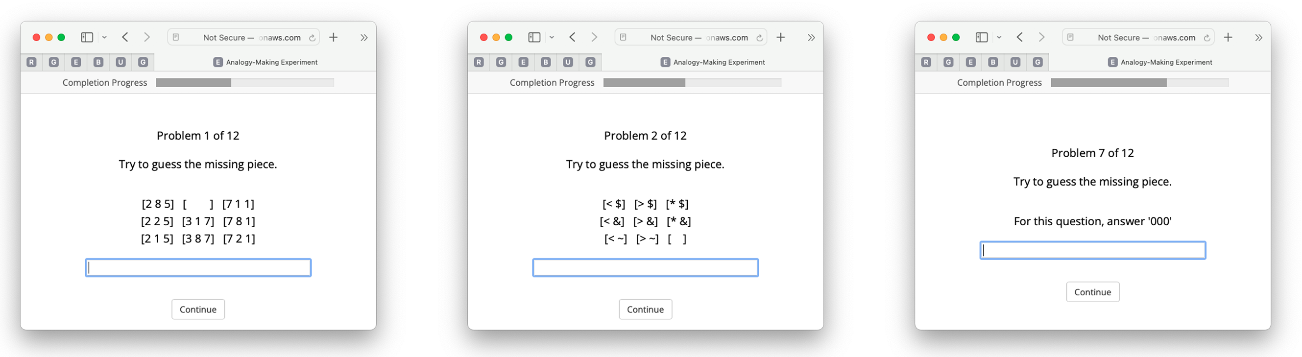 Example items in human study. (a) Problem with alternative blank position. (b) Problem with symbols instead of digits. (c) Example attention check.