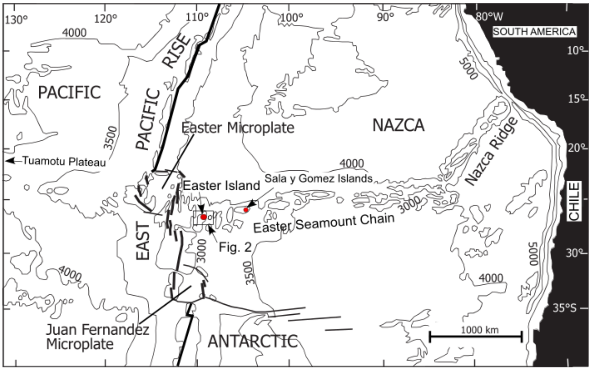 Tectonic realm of the study area showing the location of Easter Island (Rapa Nui) at the westernmost end of the Easter Seamount Chain on the Nazca Plate, east of the East Pacific Rise.