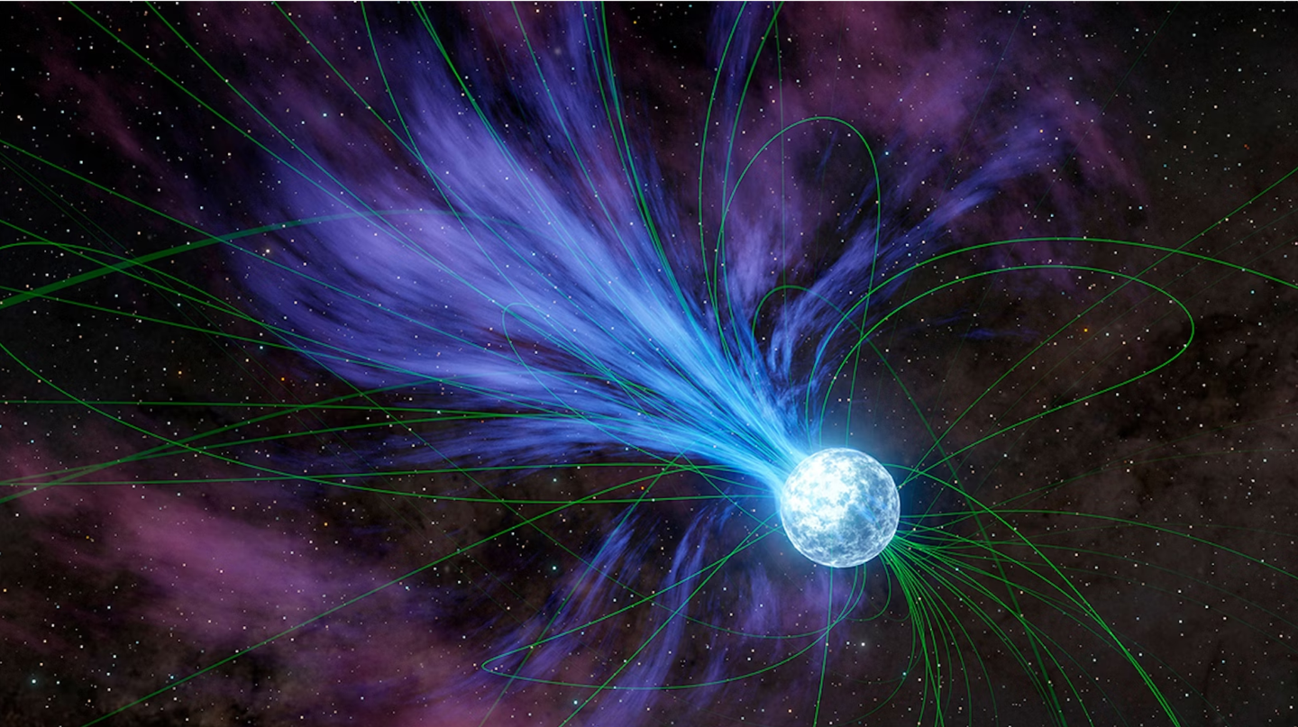 A giant flare from a highly magnetized star called a magnetar can produce heavy elements such as gold and platinum, new research shows. The magnetar’s strong, twisted magnetic field lines (shown in green) can influence the flow of electrically charged material from the object.