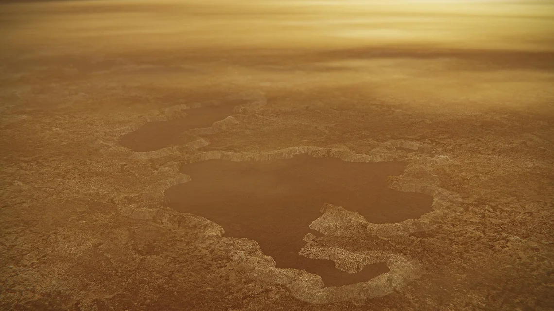 A detailed artist’s rendering shows a lake near Titan’s north pole, revealing elevated rims and rampart-like formations—features first observed by NASA’s Cassini spacecraft.