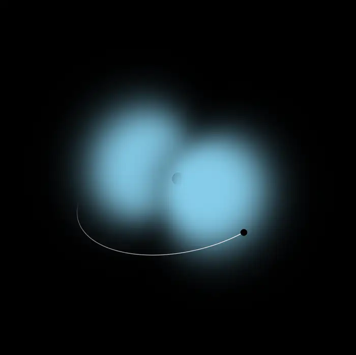 A gravitational atom. Just as electrons can orbit the nucleus of an atom, a cloud of as-yet-undiscovered ultralight particles can orbit pairs of black holes.